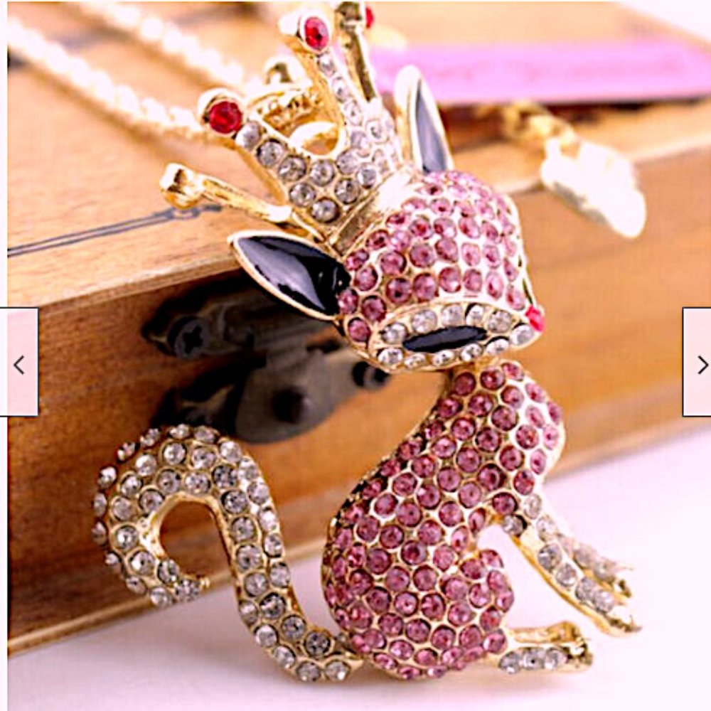 FOXY Princess Pink White Rhinestone Enamel Pendant Necklace by BETSEY JOHNSON - Picture 3 of 5